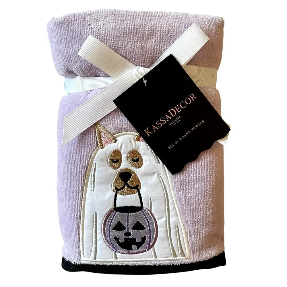 Kassa Decor Halloween Dog Ghost Hand Towels 18x28 Lavender & White Set of 2 NEW